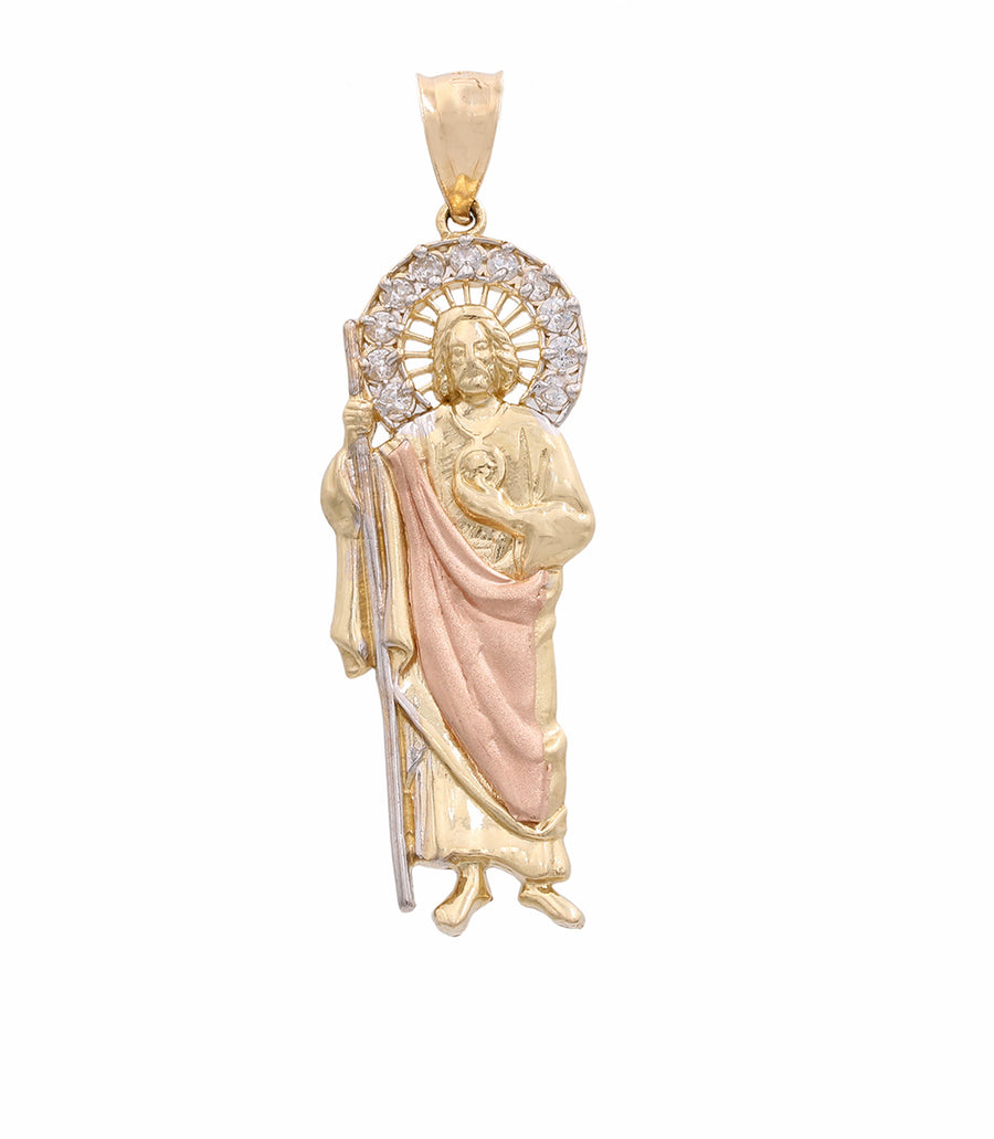 Miral Jewelry presents the 14K Tri-Color Gold Jesus with Walking Staff Pendant, made of yellow gold and adorned with pink diamonds.