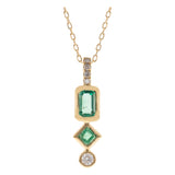 18K Yellow Gold Fancy Link Diamond Necklace with 0.26 Ractangular Cushion Emeralds and 0.08Tw Round Diamonds