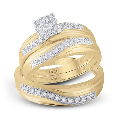 10k Yellow Gold Round Diamond Cluster Matching Wedding Ring Set 1/3 Cttw