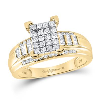 This stunning Miral Jewelry 10K yellow gold diamond engagement ring showcases a dazzling diamond cluster, set with two rows of exquisite diamonds. Perfect for a bridal engagement.