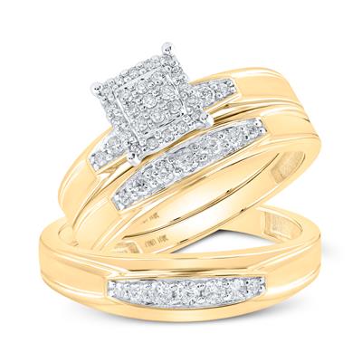 Miral Jewelry's 10k Yellow Gold Round Diamond Square ring set featuring a central square cluster design with pavé diamonds and intertwined 10k yellow gold band accents.