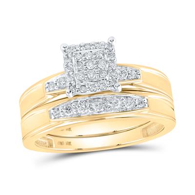 Replace with: Miral Jewelry 10k Yellow Gold Round Diamond Square bridal ring set featuring a square cluster of round diamonds flanked by channel-set diamonds on a split shank.