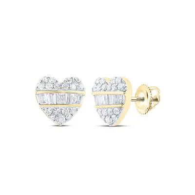 10K  Yellow Gold Heart Earrings with 0.37Tw Round an Baguette Diamonds Miral Jewelry