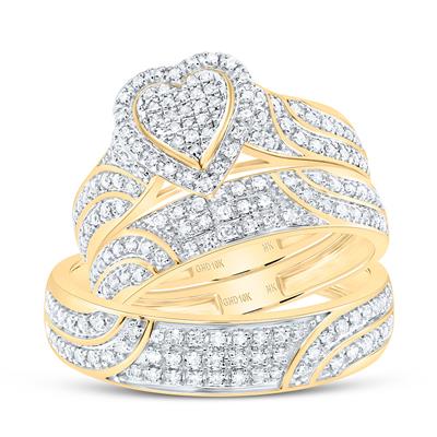 10K Yellow Gold Heart Cluster Diamond Trio Wedding Set 0.62 ct tw