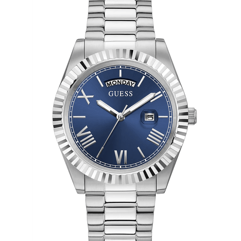GUESS Men's Silver-Tone Day/Date Watch Blue Dial