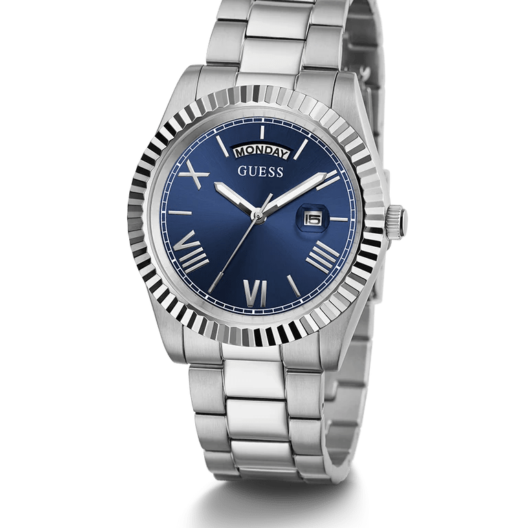 GUESS Men's Silver-Tone Day/Date Watch Blue Dial – view 2