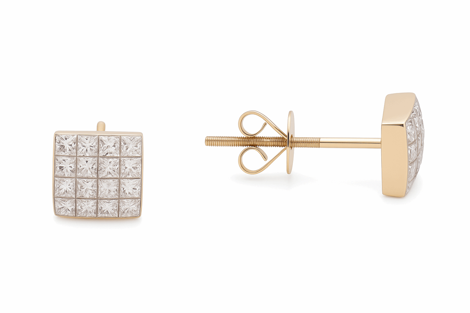 14K Yellow Gold Square Stud Diamond Earrings  with 0.85Tw  Square Diamonds