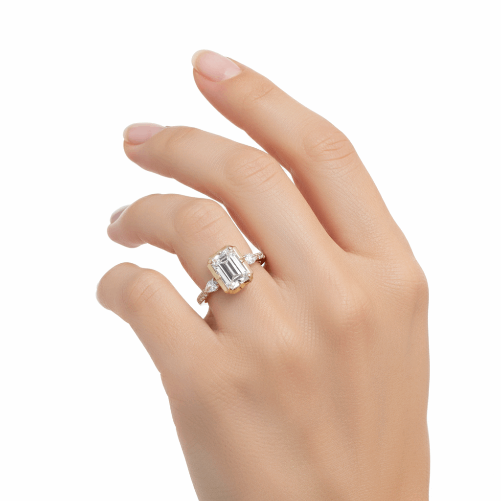 14K Yellow Gold Emerald Rings with 3.00Tw Emerald Lab Diamonds and 0.50Tw Pear and Round Lab Grown Diamonds