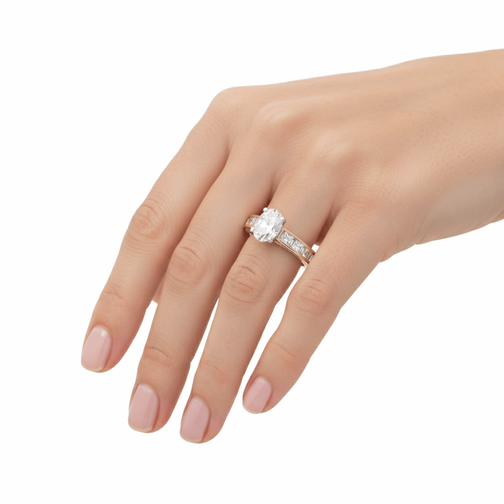 14K Yellow Gold Oval Rings with 1.50Tw Oval Lab Diamonds and 1.25Tw Baguette  Lab Grown Diamonds