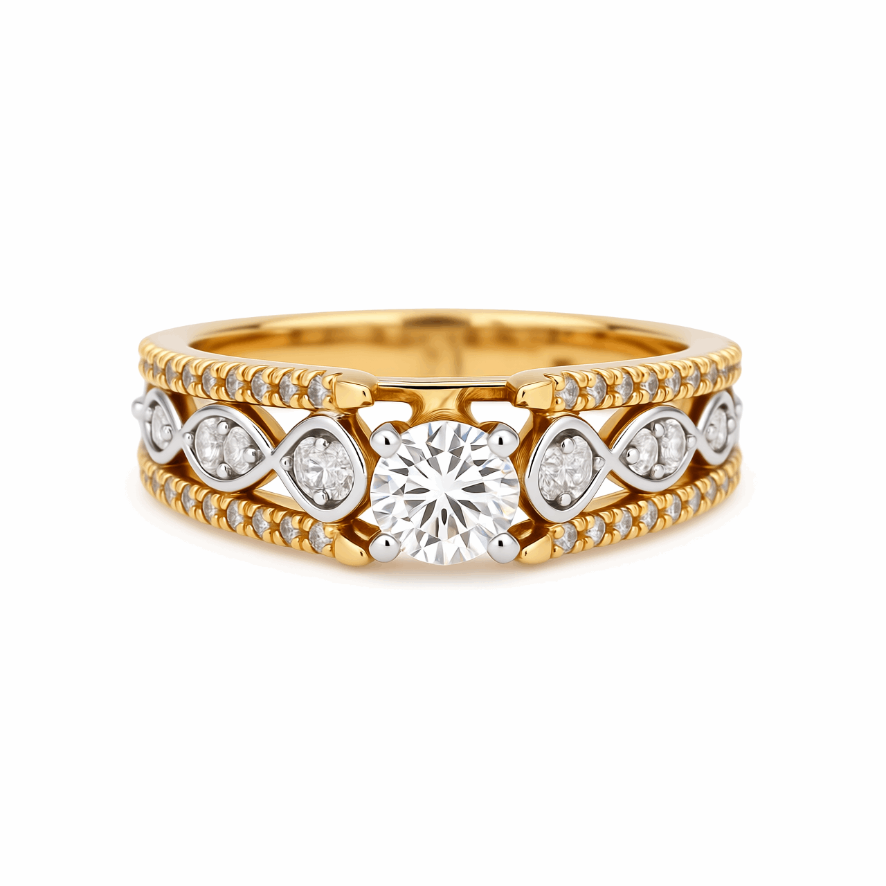 14K Two Tone White/Yellow Gold Modern Diamond Engagement Ring with 0.85Tw  Round Diamonds