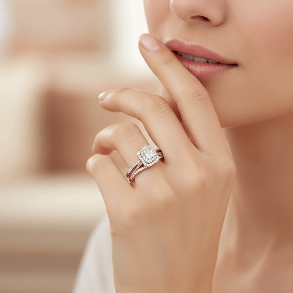 14K Rose Gold Emerald Diamond Bridal Set Ring with 0.37Tw Round Diamonds and Baguette Diamonds