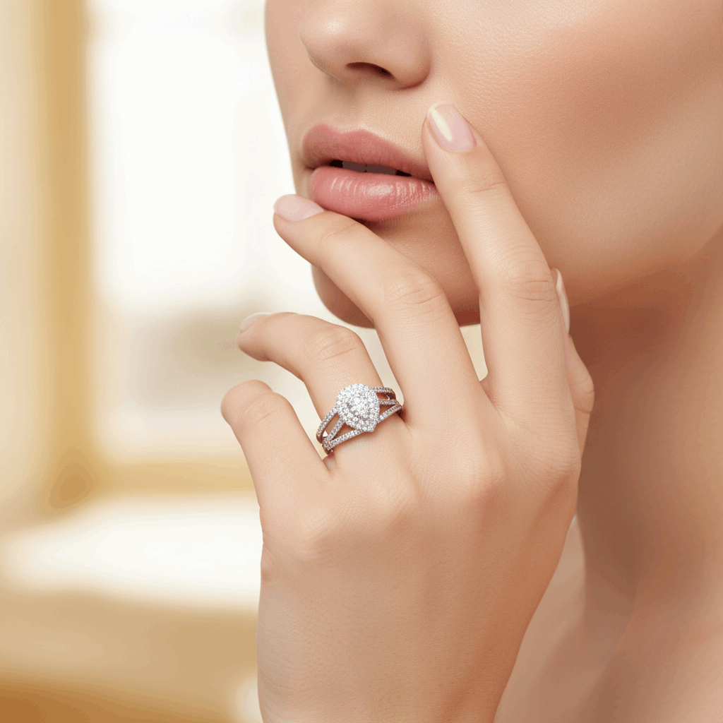 10K White Gold Pear Diamond Bridal Set Ring with 0.37Tw Round Diamonds