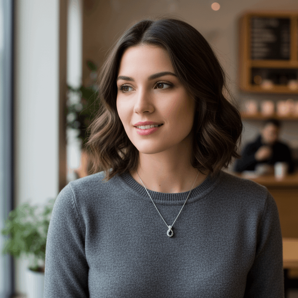 14K White Gold Fancy Link Necklace 18" with 0.55Tw Pear Sapphires and 0.22Tw Round Diamonds