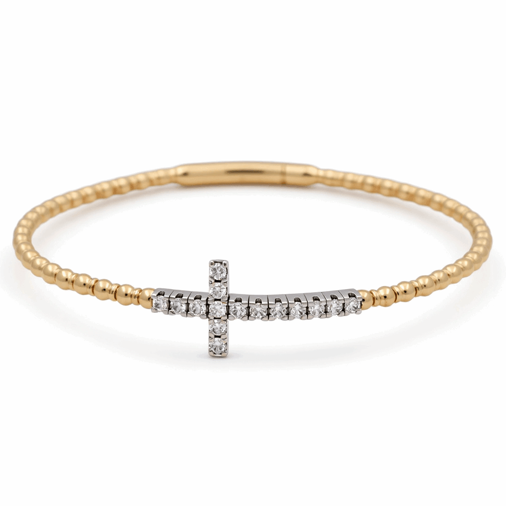 Two Tone White/Yellow Gold 14K Women's Bracelet Bangle with Cross Diamond Bracelet 0.75 Tw Round Diamonds - Miral Jewelry