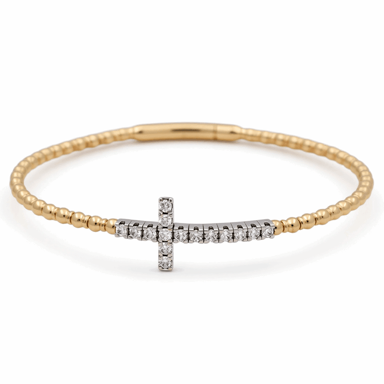 Two Tone White/Yellow Gold 14K Women's Bracelet Bangle with Cross Diamond Bracelet 0.75 Tw Round Diamonds - Miral Jewelry