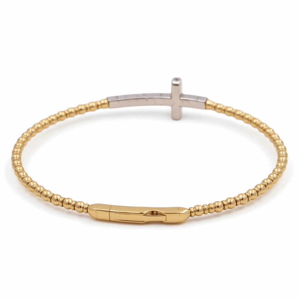 Two Tone White/Yellow Gold 14K Women's Bracelet Bangle with Cross Diamond Bracelet 0.75 Tw Round Diamonds - Miral Jewelry