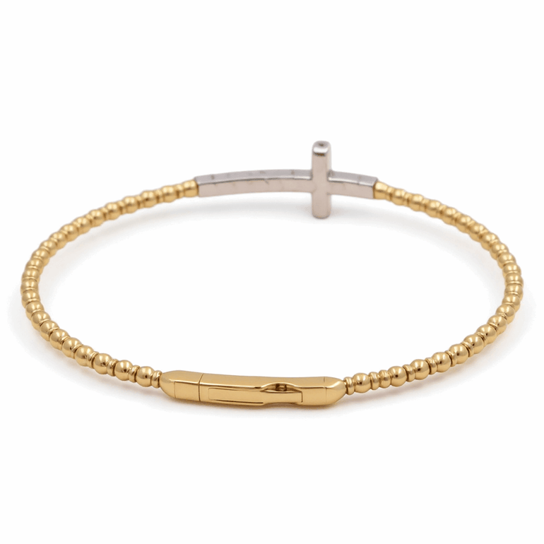 Two Tone White/Yellow Gold 14K Women's Bracelet Bangle with Cross Diamond Bracelet 0.75 Tw Round Diamonds - Miral Jewelry