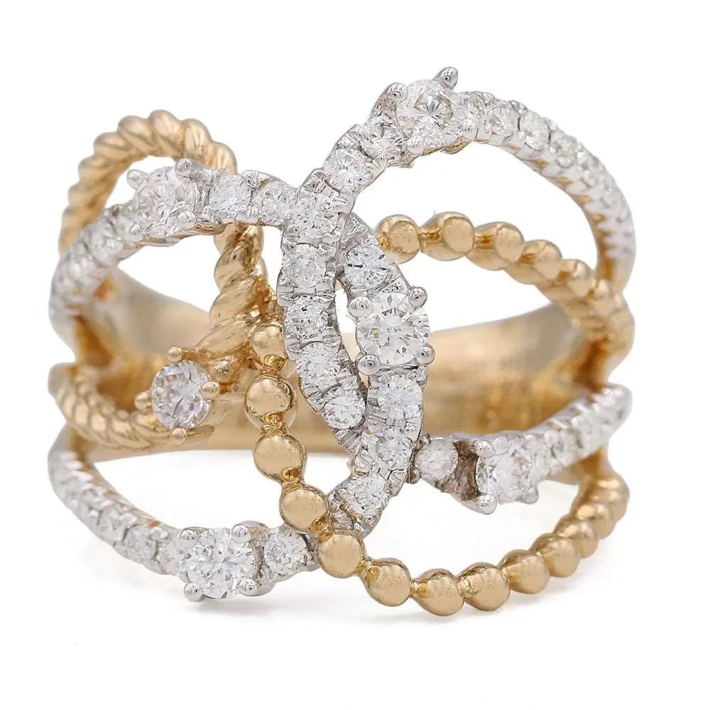 14K Two-Tone Gold Beaded Crossover Diamond Ring 0.95 ct tw