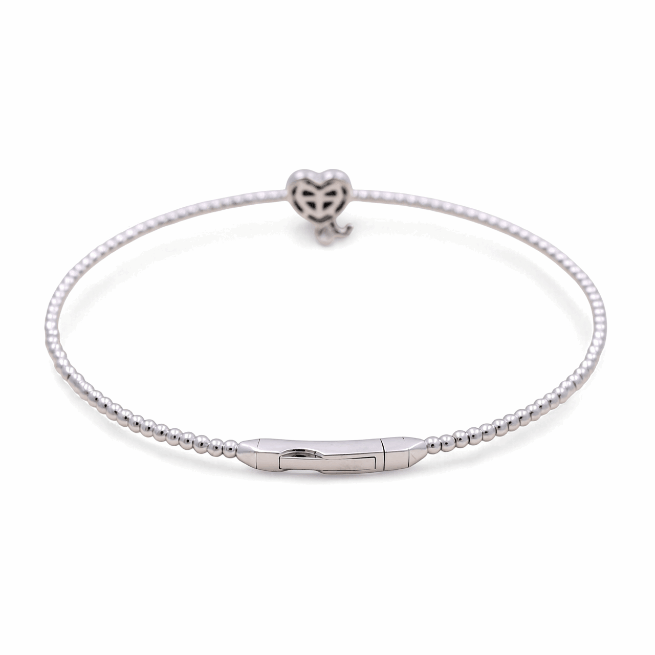14K White Gold Beaded Bangle with Diamond Heart Lock 0.10 ct tw – view 2