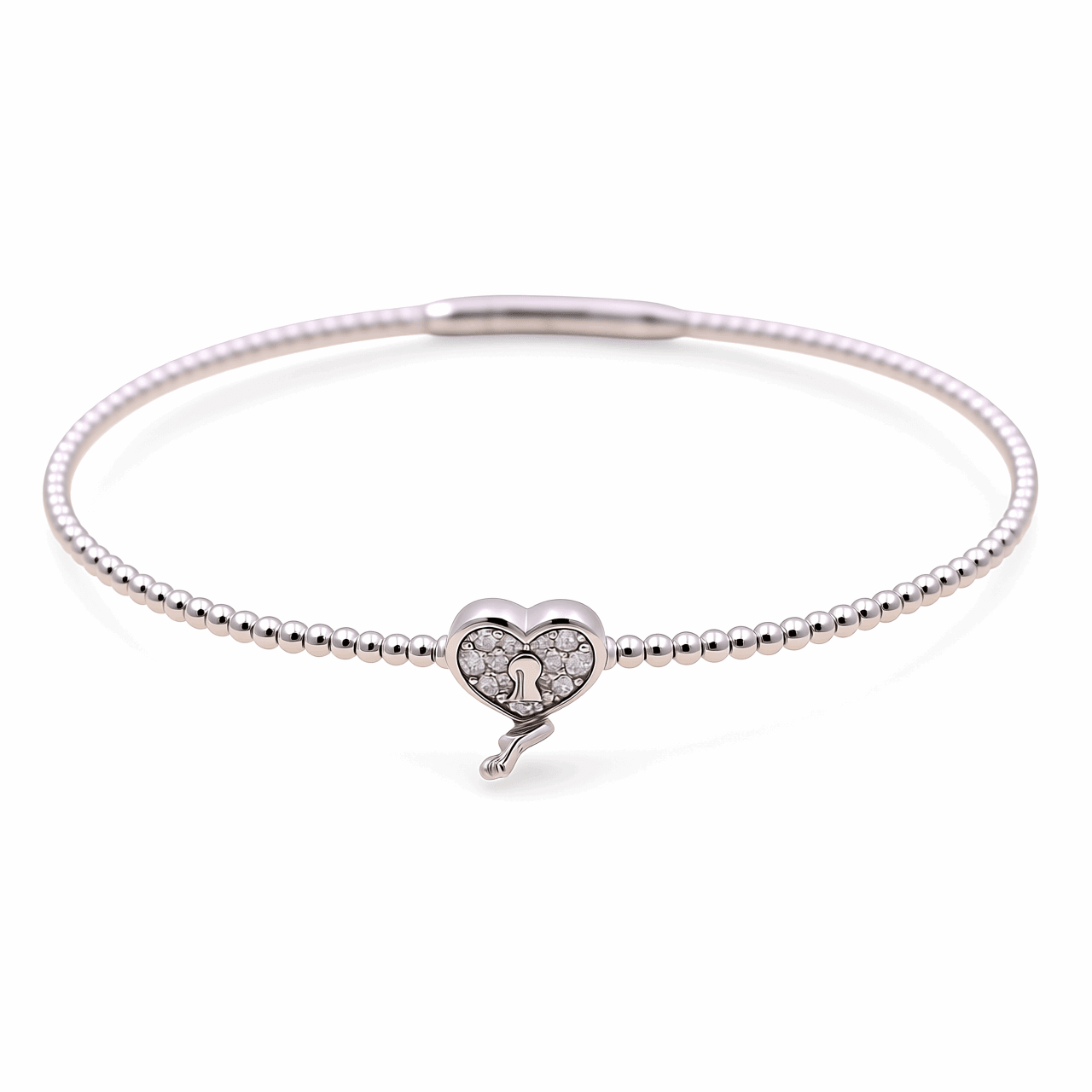 14K White Gold Beaded Bangle with Diamond Heart Lock 0.10 ct tw