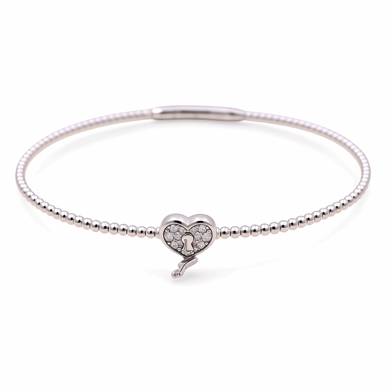 White Gold 14K Bangle Diamond Heart Women's Bracelet with 0.10Tw Round Diamonds - Miral Jewelry