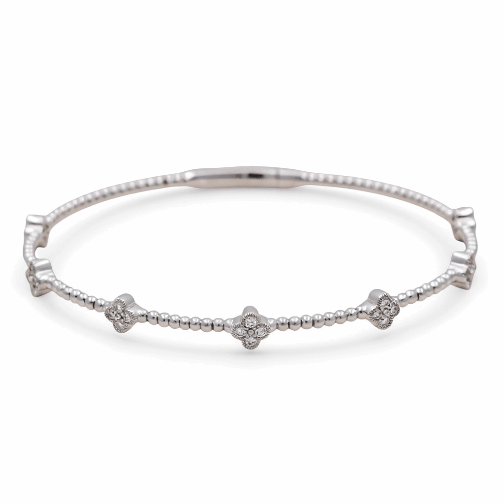 14K White Gold Beaded Flex Bangle with Diamond Flowers 0.37 ct tw