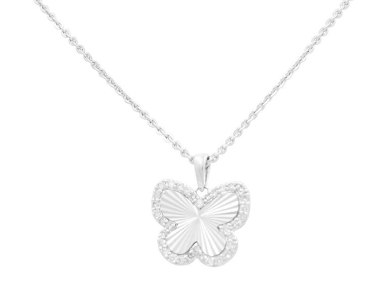 White Gold Necklace with Butterfly Pendant 10K with 0.12Tw Round Diamonds - Miral Jewelry
