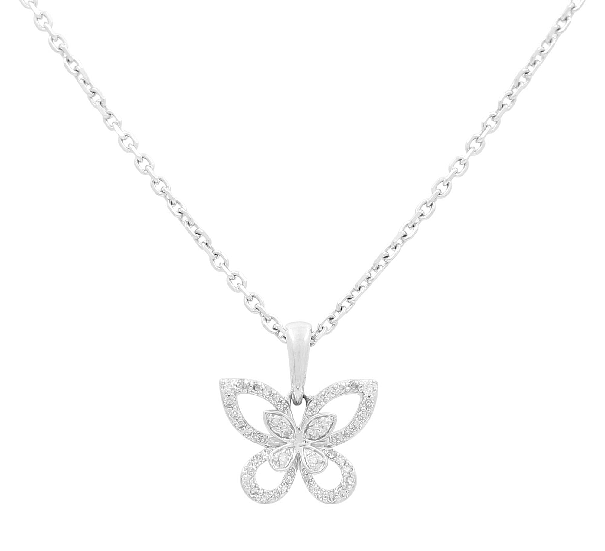 White Gold Necklace with Butterfly Pendant 10K with 0.16Tw Round Diamonds - Miral Jewelry