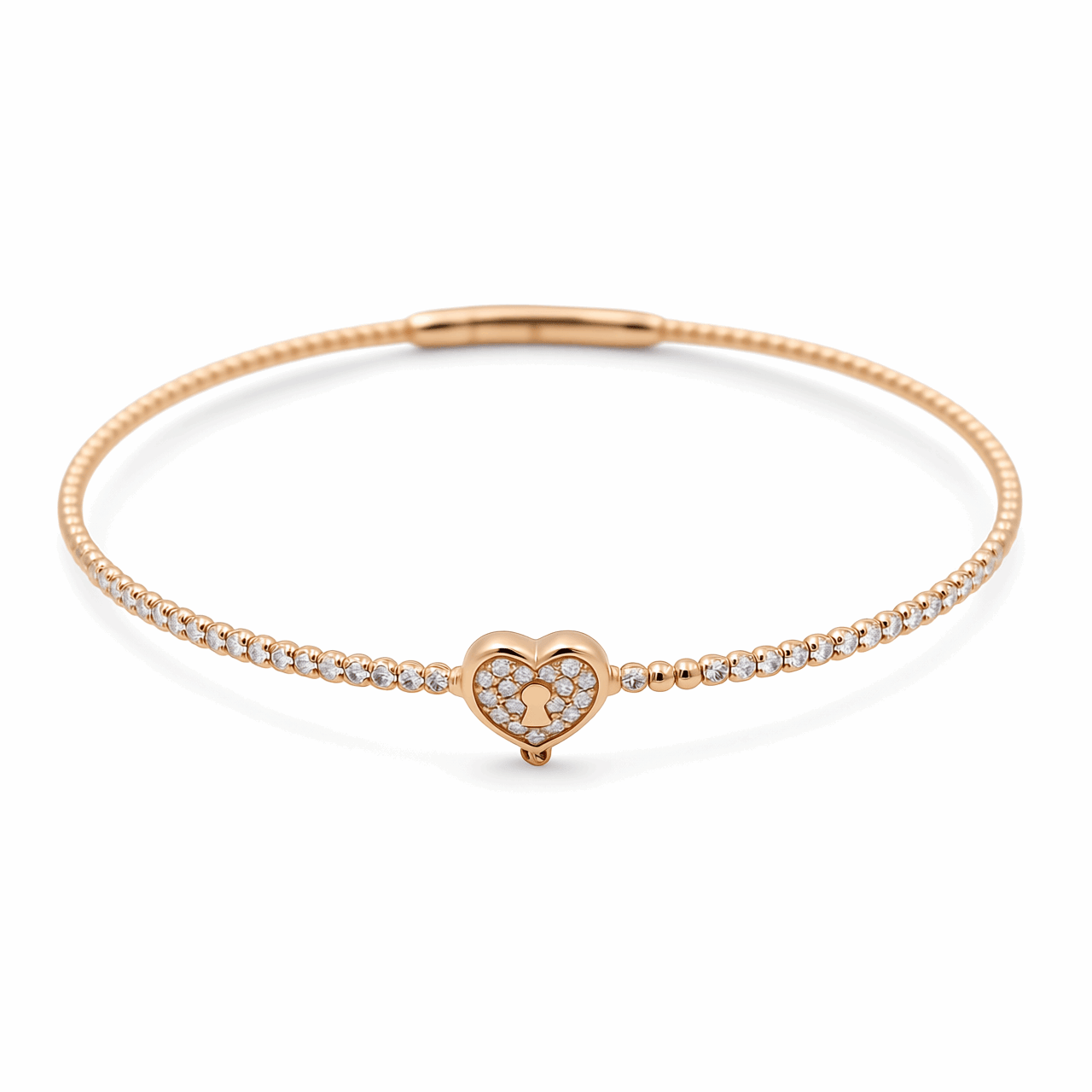 14K Yellow Gold Beaded Bangle with Pavé Diamond Heart 0.10 ct tw