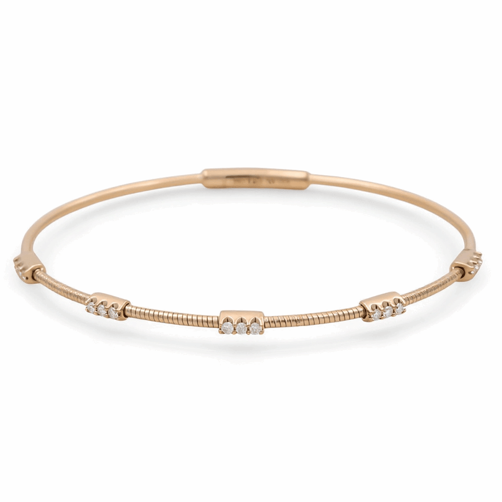 14K Yellow Gold Snake Bangle with Diamond Bar Stations 0.20 ct tw