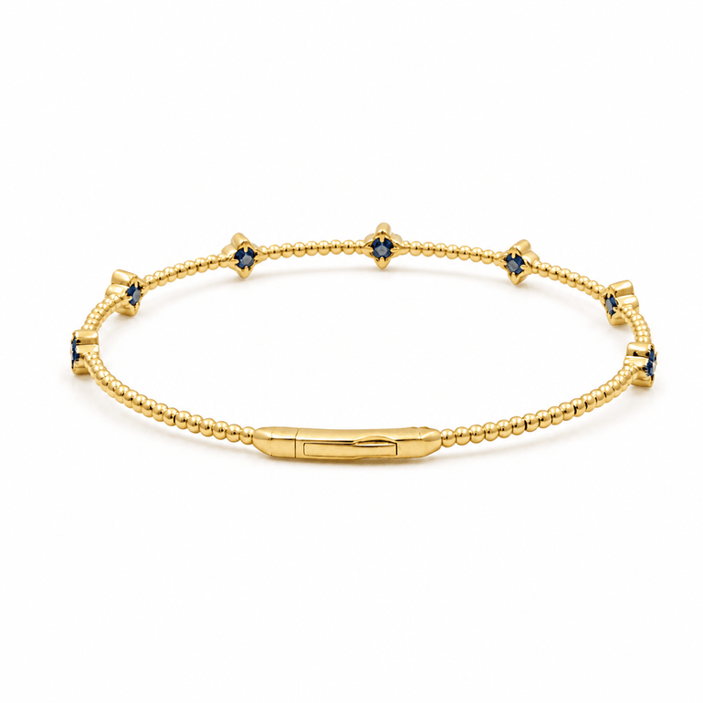 Yellow Gold 14K Bangle Diamond Women's Bracelet with 0.20Tw Round Diamonds and Saphires - Miral Jewelry