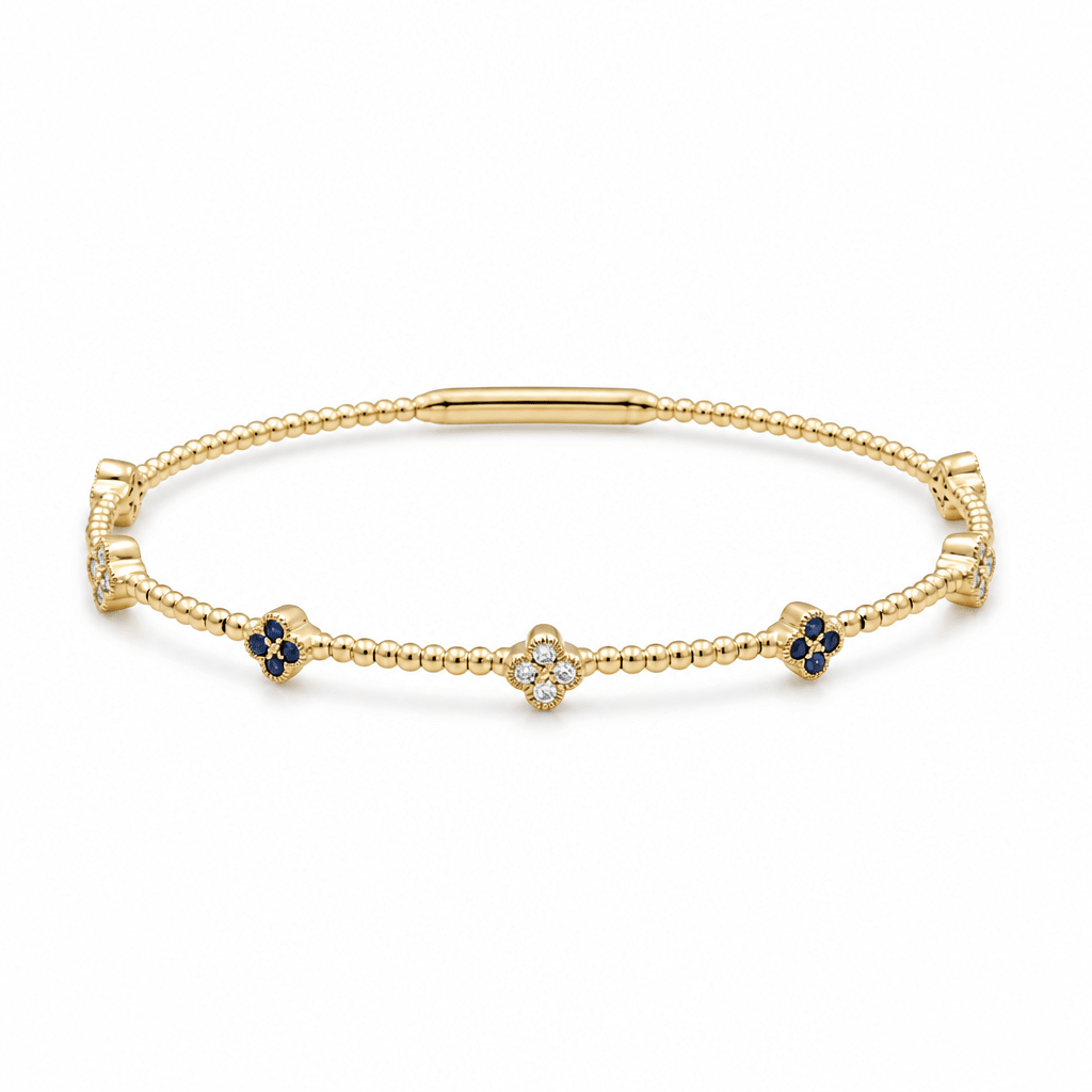 Yellow Gold 14K Bangle Diamond Women's Bracelet with 0.20Tw Round Diamonds and Saphires - Miral Jewelry