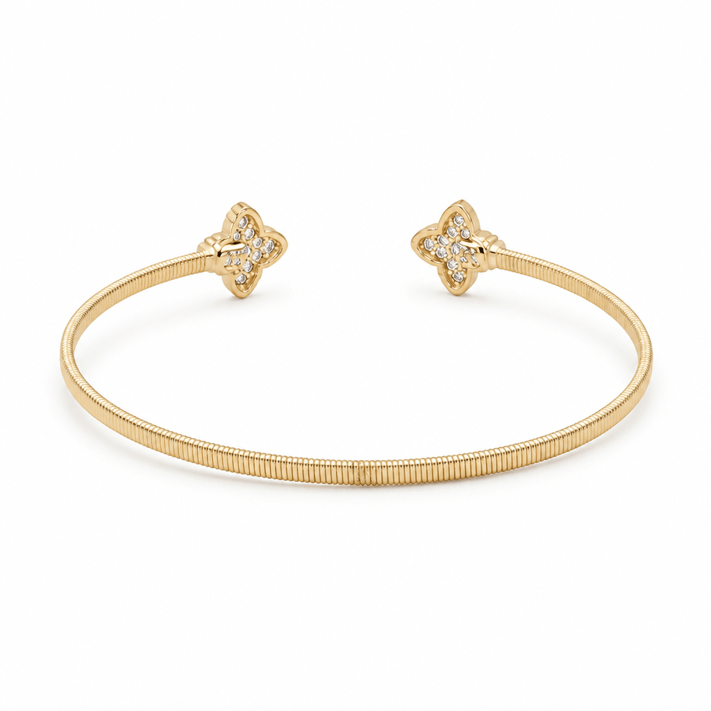 Yellow Gold 14K Bangle with 2 Flowers with Diamond Women's Bracelet with 0.37Tw Round Diamonds - Miral Jewelry