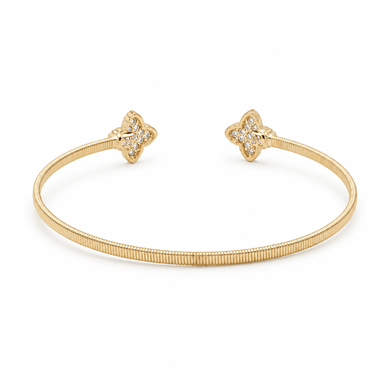 Yellow Gold 14K Bangle with 2 Flowers with Diamond Women's Bracelet with 0.37Tw Round Diamonds - Miral Jewelry