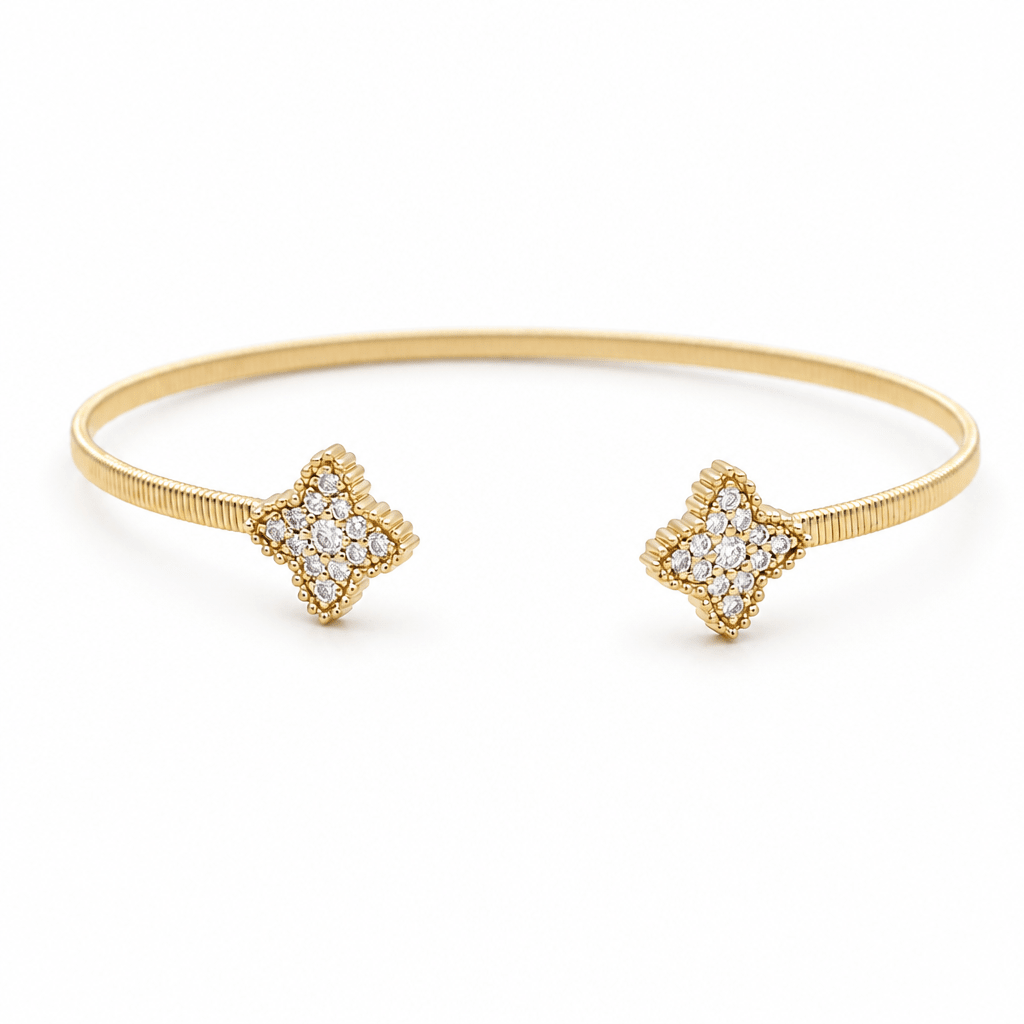 Yellow Gold 14K Bangle with 2 Flowers with Diamond Women's Bracelet with 0.37Tw Round Diamonds - Miral Jewelry