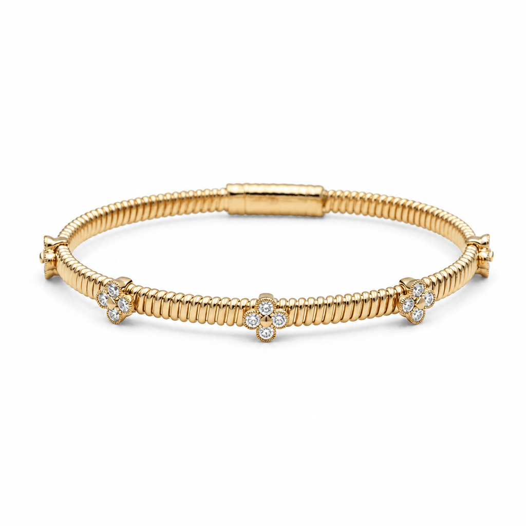 Yellow Gold 14K Bangle with Clover Diamond Women's Bracelet with 0.75Tw Round Diamonds - Miral Jewelry