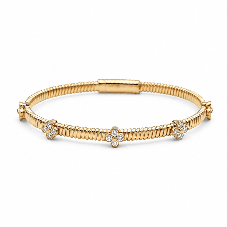 Yellow Gold 14K Bangle with Clover Diamond Women's Bracelet with 0.75Tw Round Diamonds - Miral Jewelry