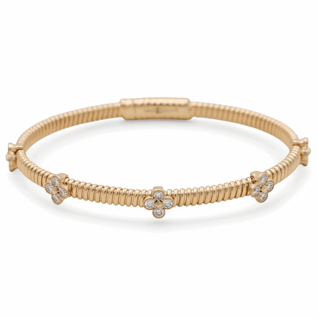 Yellow Gold 14K Bangle with Flower Diamond Women's Bracelet with 0.75Tw Round Diamonds - Miral Jewelry