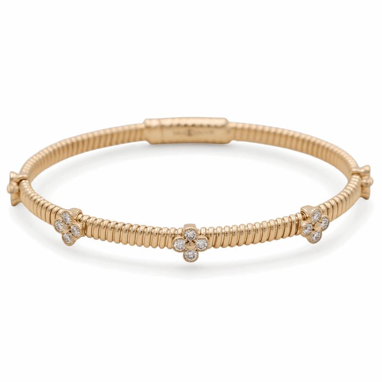 Yellow Gold 14K Bangle with Flower Diamond Women's Bracelet with 0.75Tw Round Diamonds - Miral Jewelry