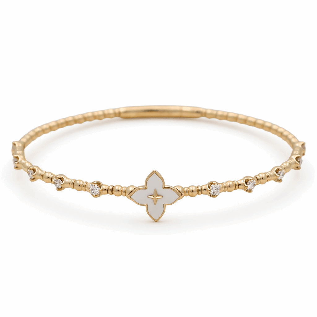 14K Yellow Gold Beaded Bangle with Mother-of-Pearl Flower 0.33 ct tw