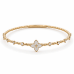 Yellow Gold 14K Bangle Women's Bracelet with 0.33 Tw Round Diamonds wiith Mop Flower - Miral Jewelry