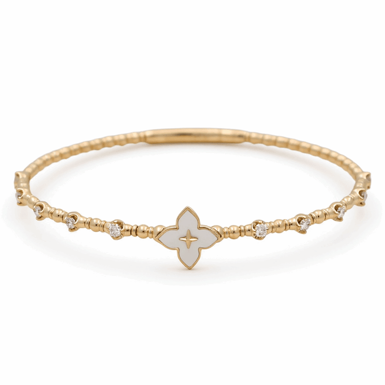 Yellow Gold 14K Bangle Women's Bracelet with 0.33 Tw Round Diamonds wiith Mop Flower - Miral Jewelry