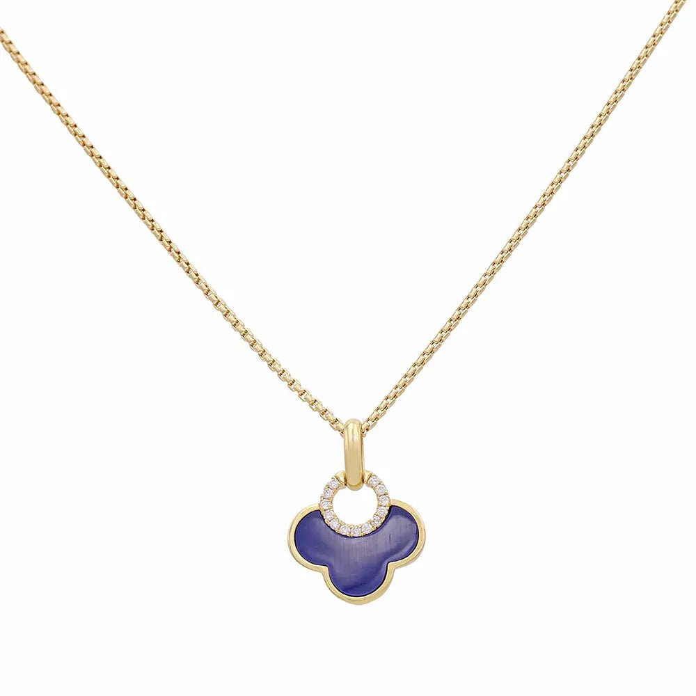 14K Yellow Gold Lapis Clover Pendant Necklace with Diamonds 16in