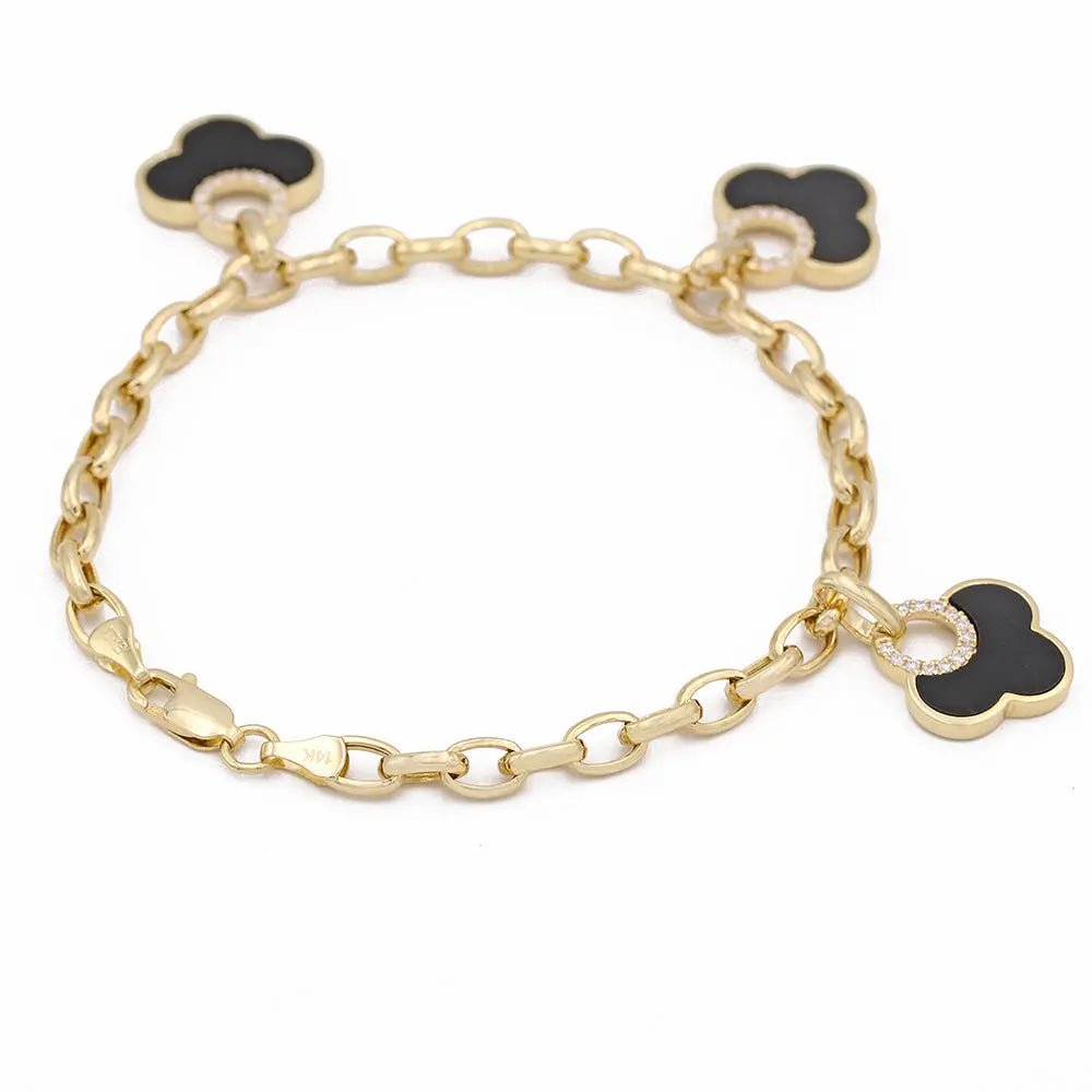 14K Yellow Gold Onyx Clover Charm Bracelet with Diamonds 7in – view 2