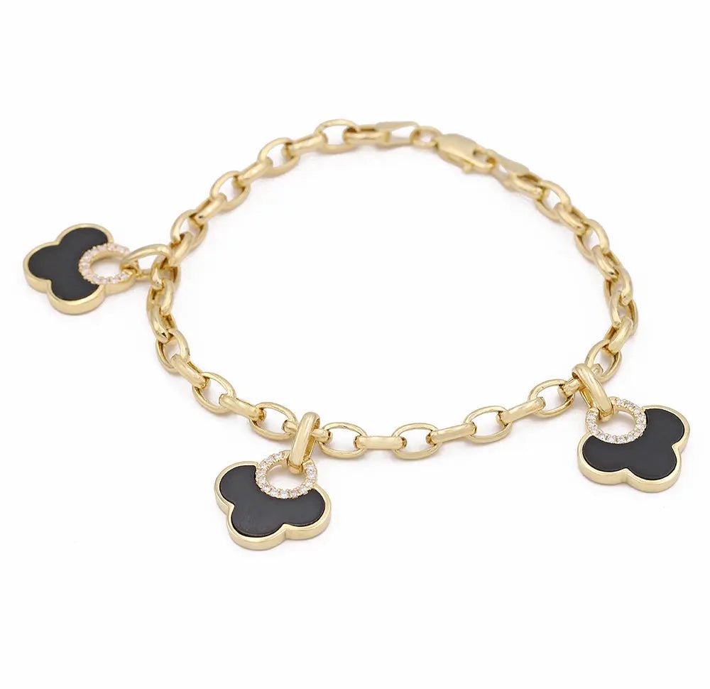 14K Yellow Gold Onyx Clover Charm Bracelet with Diamonds 7in
