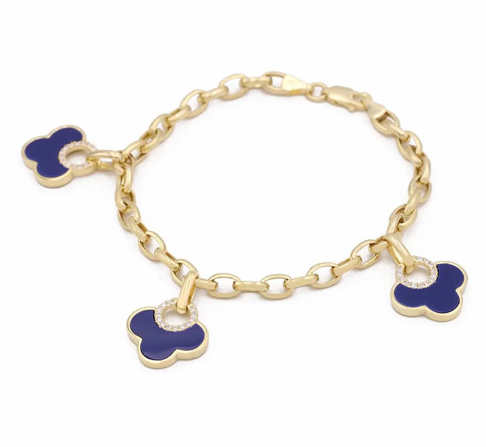 14K Yellow Gold Lapis Clover Charm Bracelet with Diamonds 7in