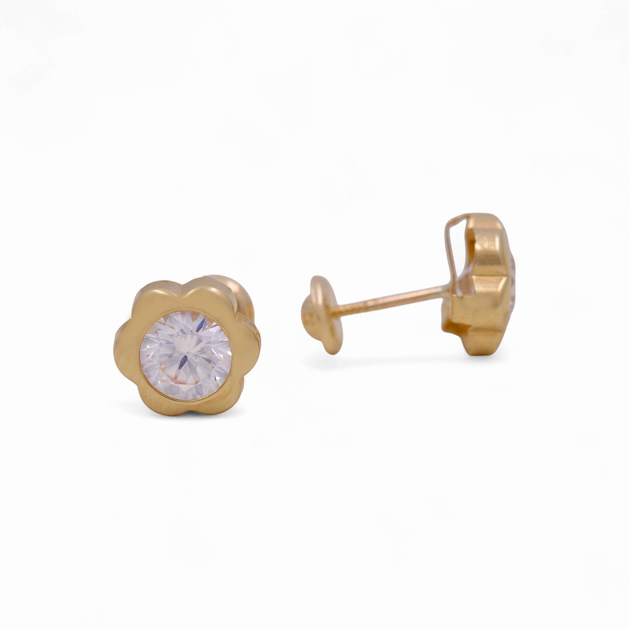 14K Yellow Gold Flower Bezel CZ Stud Earrings