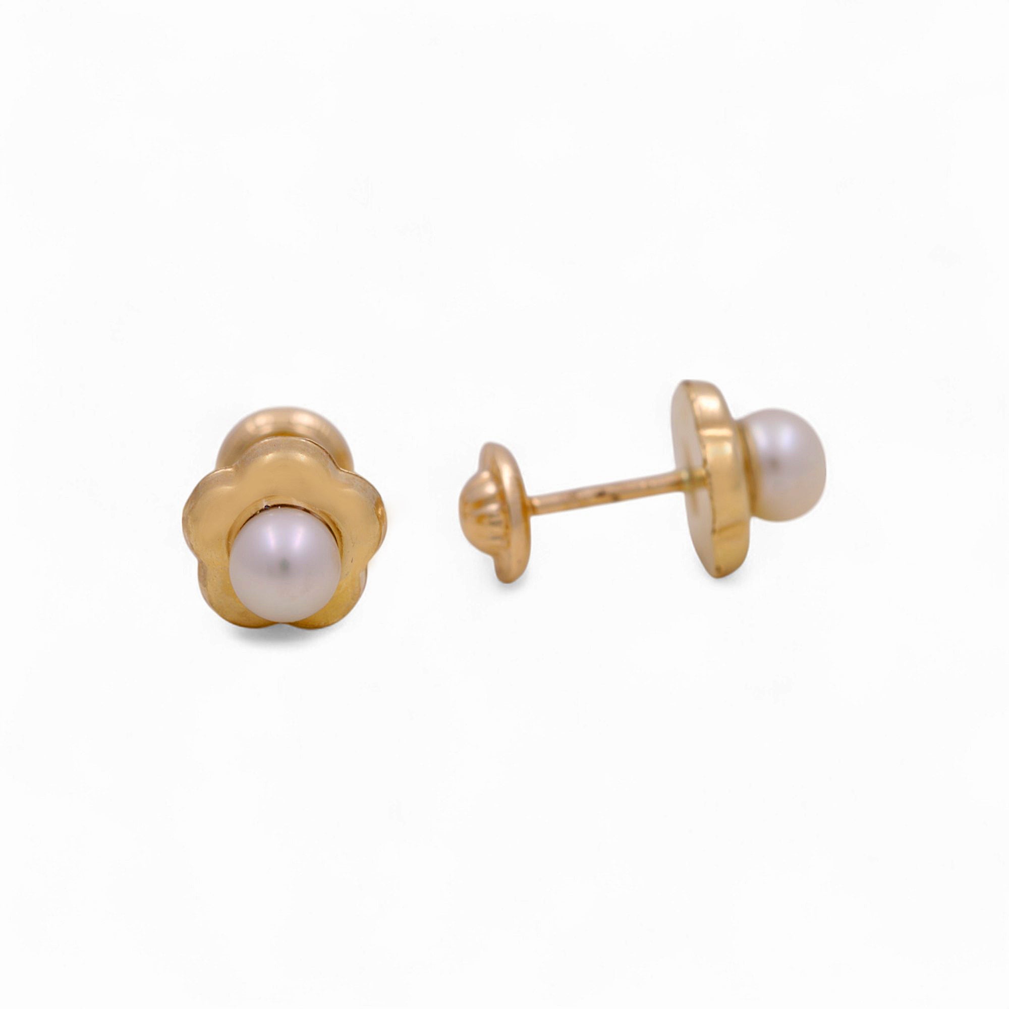 14K Yellow Gold Flower Stud Earrings with Pearl