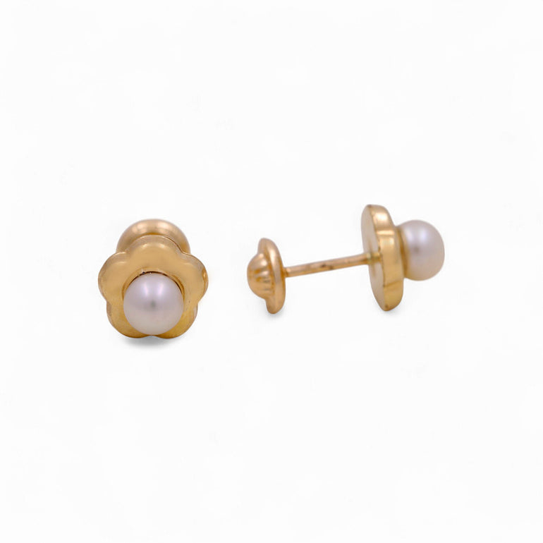 Yellow Gold 14k Flower Stud with Pearl Earrings - Miral Jewelry