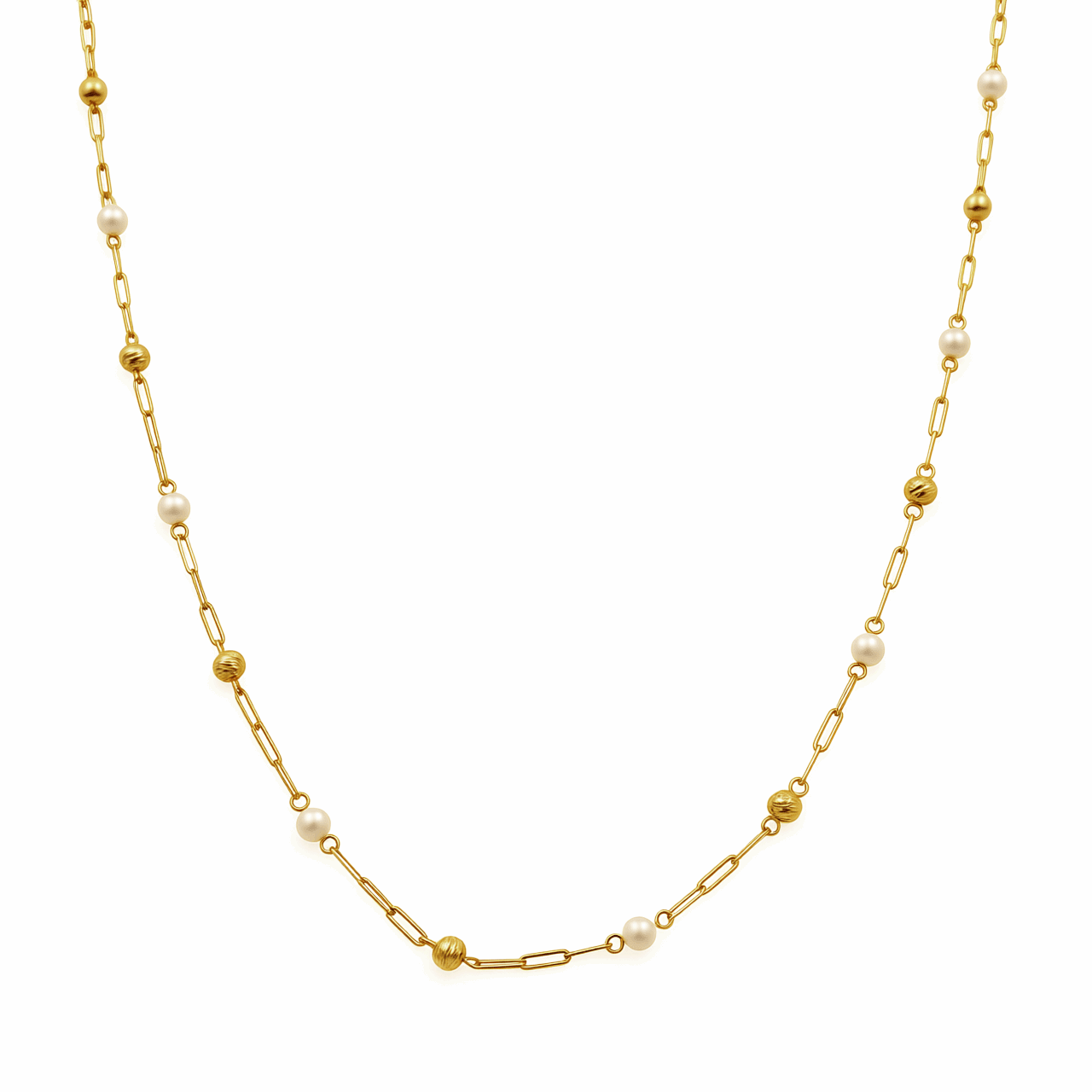 14K Yellow Gold Paper Clip Necklace with Beads & Pearls 20in